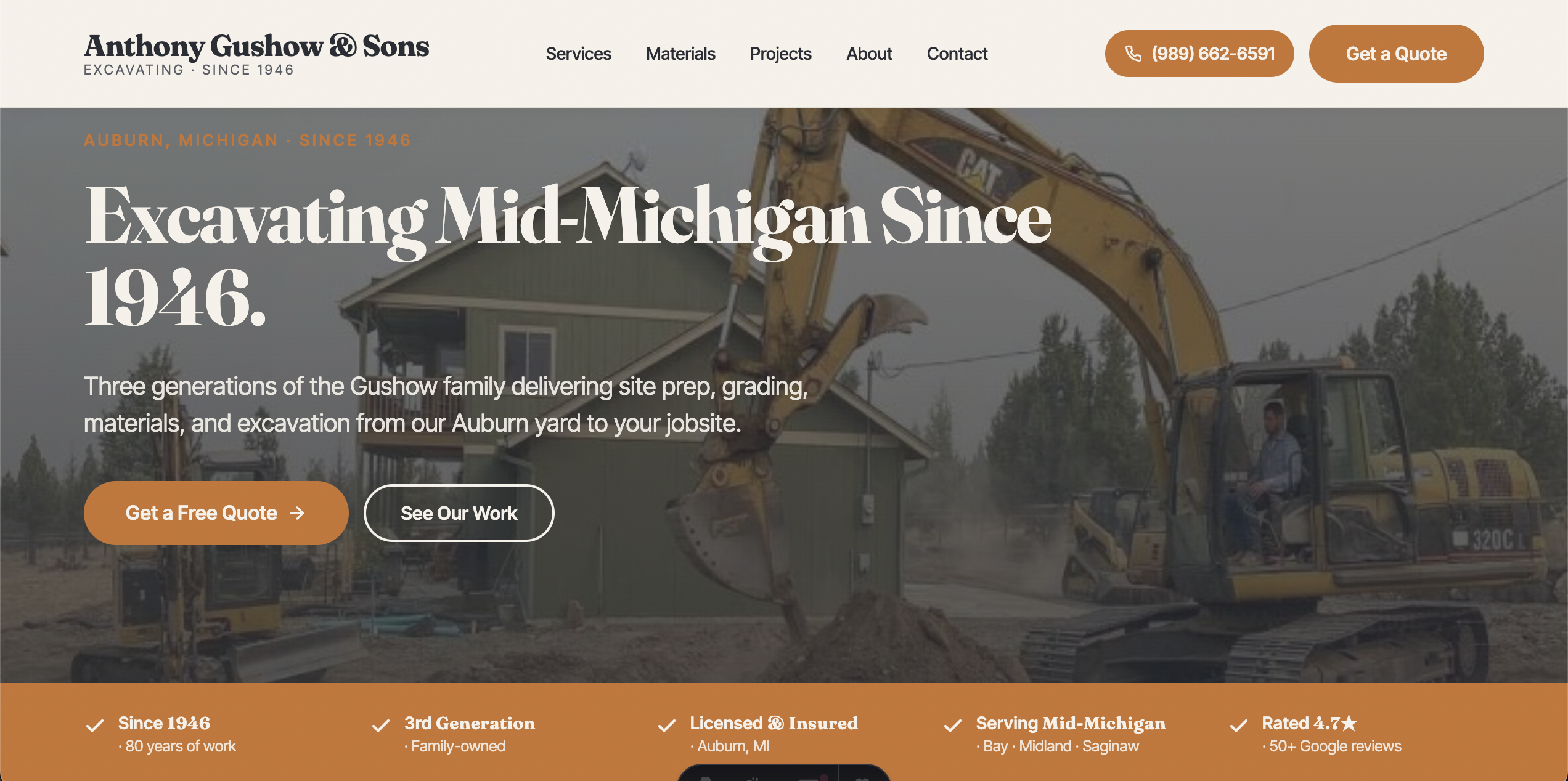 Anthony Gushow & Sons — excavating website hero with CAT excavator and trust strip