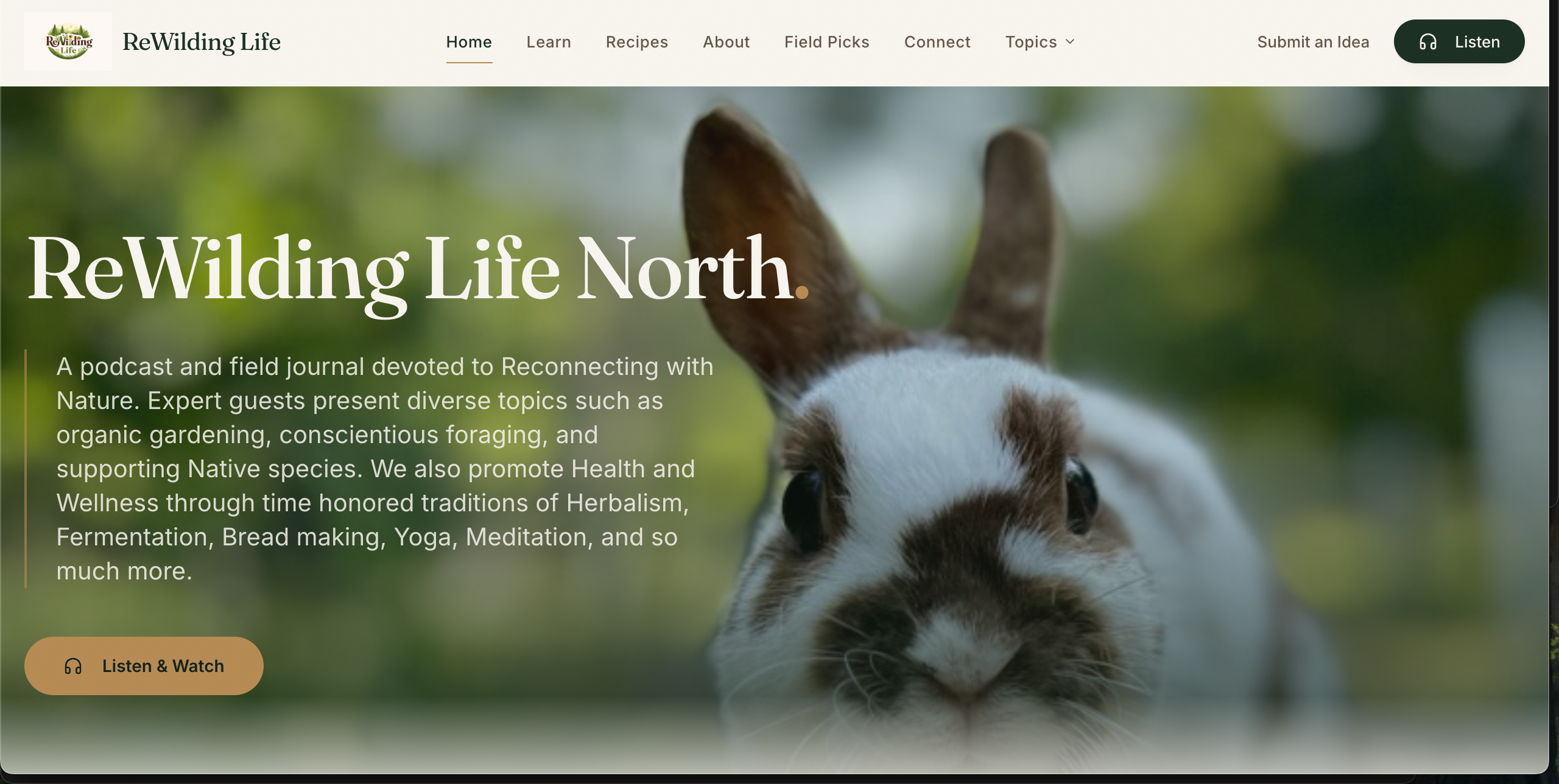 ReWilding Life — nature and wellness content platform hero section
